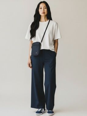 Uniqlo Wide Leg Pants Navy Pull On Stretch Trouser Travel M